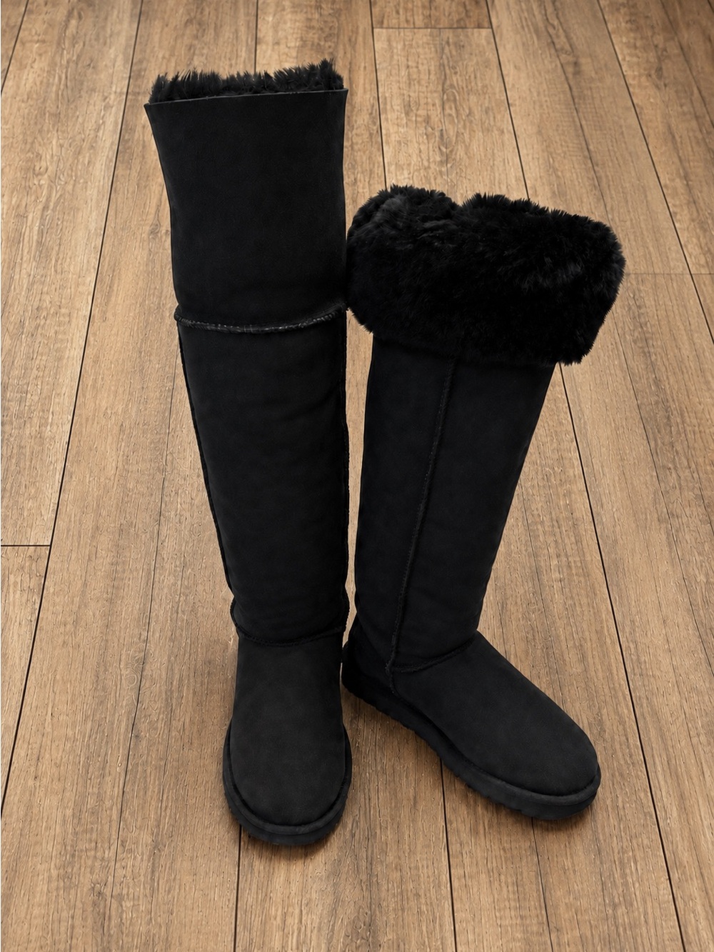 Women's UGG Tall Black Suede Winter Boots with Shearling Trim New with out box